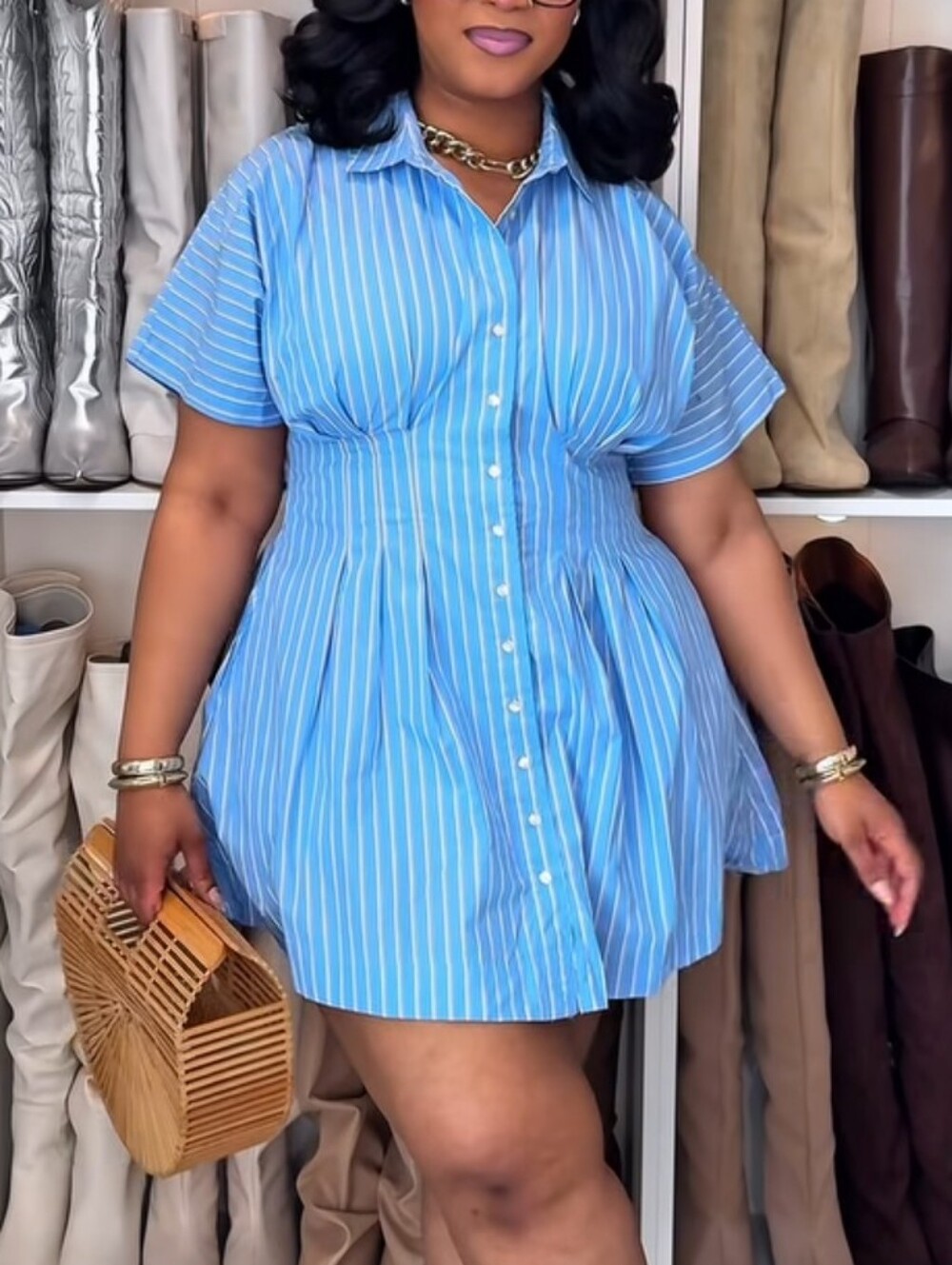 Plus-Size Blue Striped Shirt Dress - Casual Button-Front